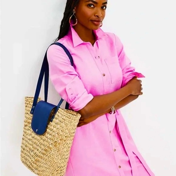 NWOT LOFT Pink Linen Blend Shirt Style Maxi Dress with Tie Belt Size 6 - Picture 3 of 6